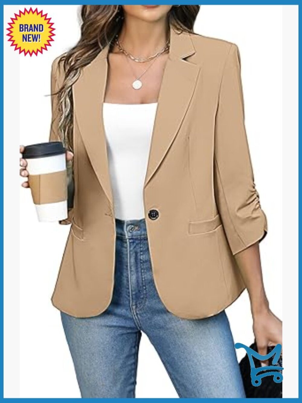 Women's Ruched 3/4 Sleeve Blazer Slim Fit Lightweight Business Casual Jacket